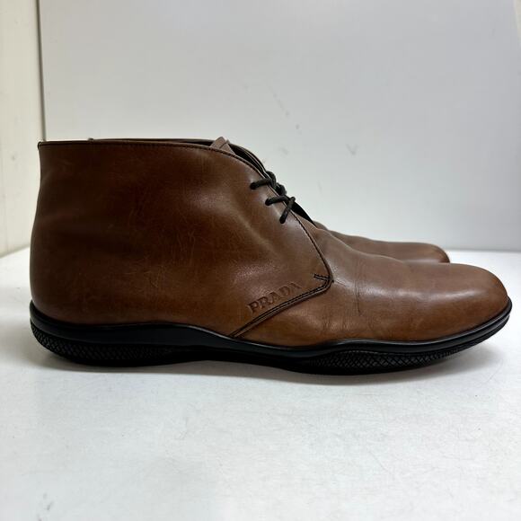 GOOD Prada Sport Leather Lace-Up Boots Chukka Brown Calf T 2050 UK 8.5 / US 9.5 - Picture 2 of 11